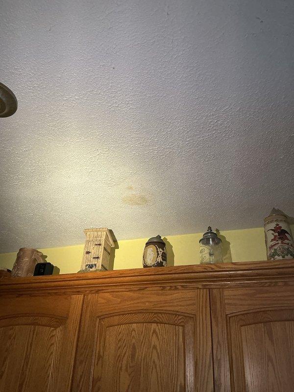 Responded to water leak complaint with visible ceiling damage in kitchen area. Upon inspection, identified water staining and discoloration on textured ceiling near light fixture and above kitchen cabinetry. Documented conditions with photographs for assessment and recommended further investigation of source above affected area to prevent additional water intrusion.