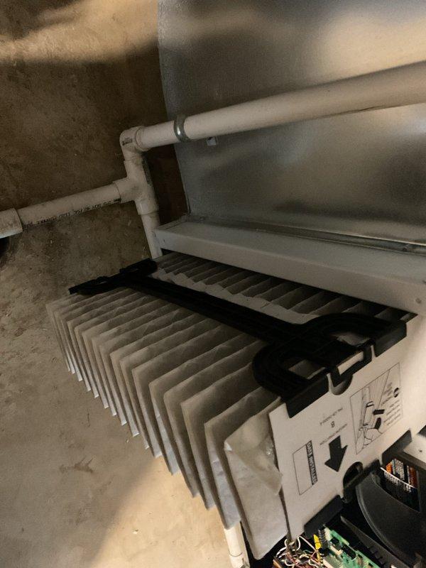 Completed scheduled MVP cooling maintenance visit. Inspected evaporator coil and air filtration system, noting visible dust and debris accumulation on the existing filter media. Verified proper operation of air handling unit, checked condensate drain line and PVC drainage system for proper flow and functionality. All cooling system components operating within normal parameters upon completion of preventive maintenance service.
