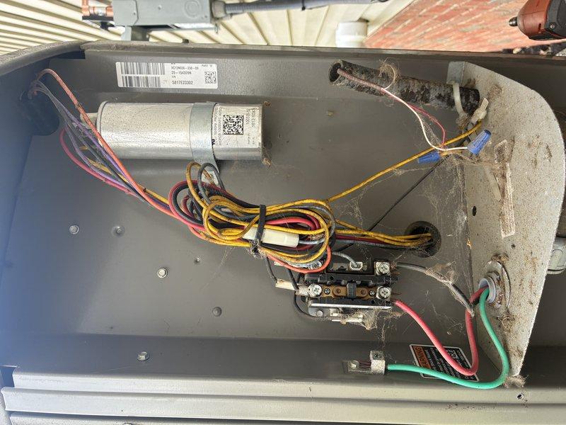 Completed comprehensive A/C tune-up on 8-9 year old system per seasonal maintenance request. Inspected and documented heavily soiled air filter requiring replacement due to significant dust and debris accumulation. Performed electrical component inspection revealing capacitor and contactor in operational condition, with noted dirt buildup in control panel requiring cleaning for optimal performance.