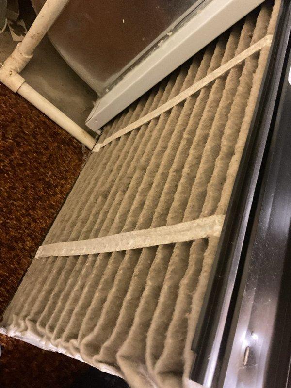 Completed routine maintenance on a 10-year-old Trane air conditioning system. Inspected outdoor condensing unit and confirmed proper operation of all components. Checked and documented condition of air filter, which showed normal dust accumulation and was due for replacement. Verified electrical connections at disconnect box, examined condensate drain line for proper drainage, and ensured unit was level on concrete pad. System operating within normal parameters with no immediate repairs required.