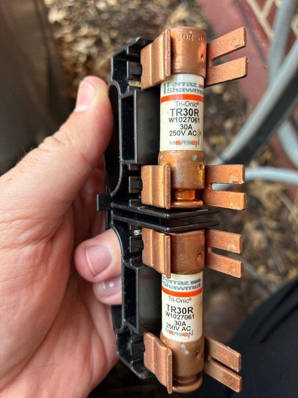 Completed preventative maintenance on Lennox outdoor condensing unit. Inspected and tested electrical components including 30-amp renewable fuses, verified proper amperage and connections. Unit operating within normal parameters, all safety controls functional.