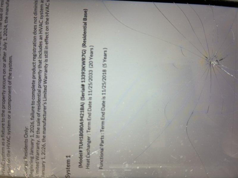 Performed second opinion assessment on 12-year-old Trane XR-95 gas furnace (Model TU4H B060LW021BA, Serial# 1137KMWFO) following reported static pressure test failure. Reviewed unit specifications and warranty documentation, confirming residential base unit with heat exchanger coverage extending through 2033. Conducted comprehensive evaluation of furnace operation and airflow system to verify static pressure concerns and determine system performance status.