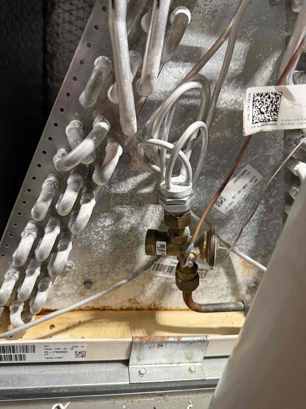 Completed MVP recurring cooling maintenance visit on HVAC system. Performed comprehensive inspection of air handler unit, including examination of evaporator coil assembly with heat exchanger tubes, brass valve fittings, and associated wiring connections. Inspected blower wheel assembly and verified proper condition of fan blades and motor housing. All components photographed and found to be operating within normal parameters with age-appropriate wear patterns noted on metal surfaces.