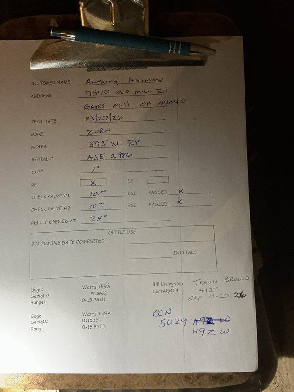 Completed annual backflow preventer inspection and testing on a 1" Watts 375XL RP assembly (serial #AE 2780). Performed diagnostic testing using calibrated test gauges (Watts TK9A, serials 511962 and 0115394, range 0-15 PSID) on the dual check valves and relief valve. Both check valves tested at 10.5 PSI differential and relief valve at 2.4 PSI, with all components passing inspection criteria and meeting regulatory compliance standards for backflow prevention.