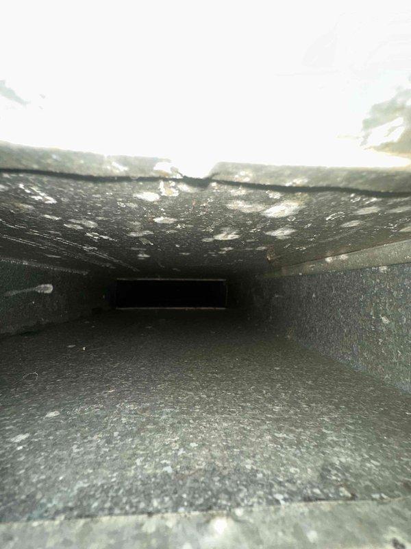Responded to callback regarding incomplete duct cleaning service. Upon inspection, discovered significant dust and debris accumulation in previously untouched ductwork sections, with heavy particulate buildup visible throughout rectangular metal duct interiors. Also identified deteriorated conditions in crawlspace access area showing moisture damage and compromised structural components requiring attention during remediation work.