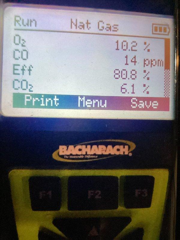 Completed scheduled MVP heating maintenance visit on gas furnace system. Performed combustion analysis using Bacharach analyzer, which confirmed proper burner operation with readings of 10.2% O₂, 14 ppm CO, 80.8% efficiency, and 6.1% CO₂. Measured static pressure at +350.1 using UEi digital manometer to verify proper airflow through the system. All measurements within acceptable operating parameters. System operating safely and efficiently.