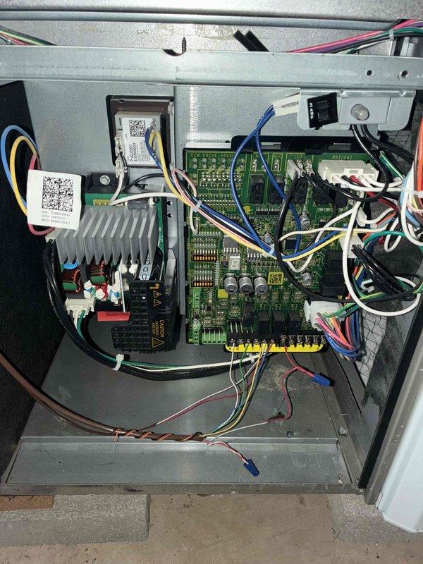 Completed preventive maintenance visit on residential HVAC system. Performed comprehensive inspection of furnace unit and air conditioning components. Accessed control board panel to verify proper operation of electronic controls, circuit boards, and electrical connections. Inspected wiring harness, heat sink assembly, and all visible connections for signs of wear or damage. All components found to be operating within normal parameters with no deficiencies noted.