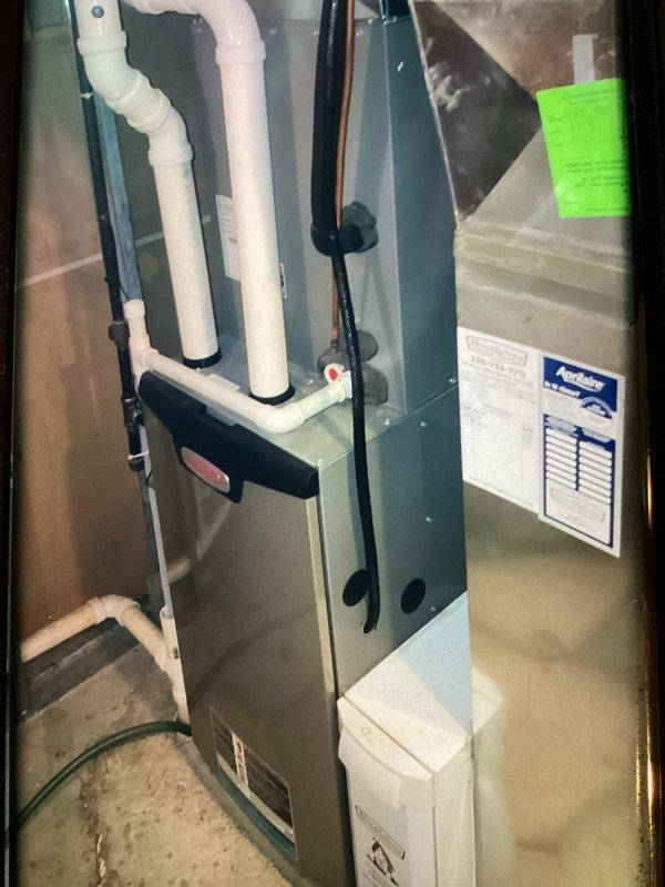 Completed scheduled MVP maintenance visit on a 5-year-old residential heating system. Performed comprehensive inspection of furnace unit, including examination of heat exchanger fins which showed moderate dust accumulation, and blower assembly components. Documented system condition through photography, noting proper PVC venting installation and overall equipment functionality. System operating within normal parameters at time of service.