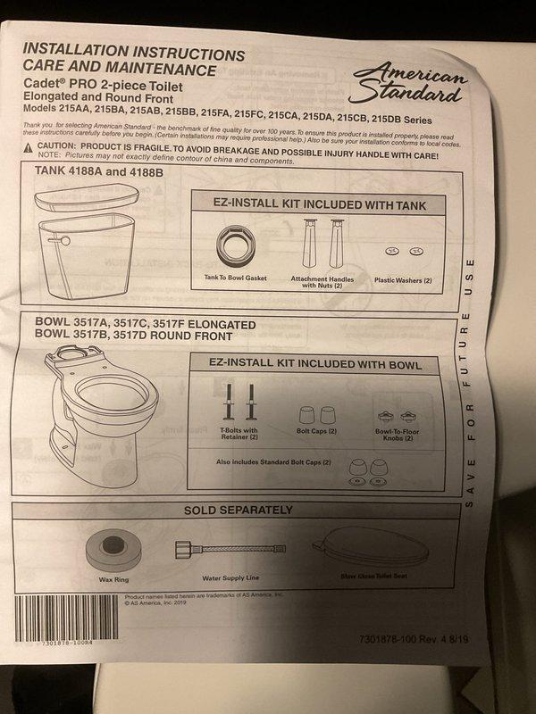 Responded to toilet leak caused by cracked tank after customer leaned against it. Replaced damaged unit with new American Standard Cadet PRO two-piece toilet featuring right-height elongated bowl and slow-close seat. Ordered necessary parts and completed installation upon arrival, restoring full functionality to bathroom fixture.