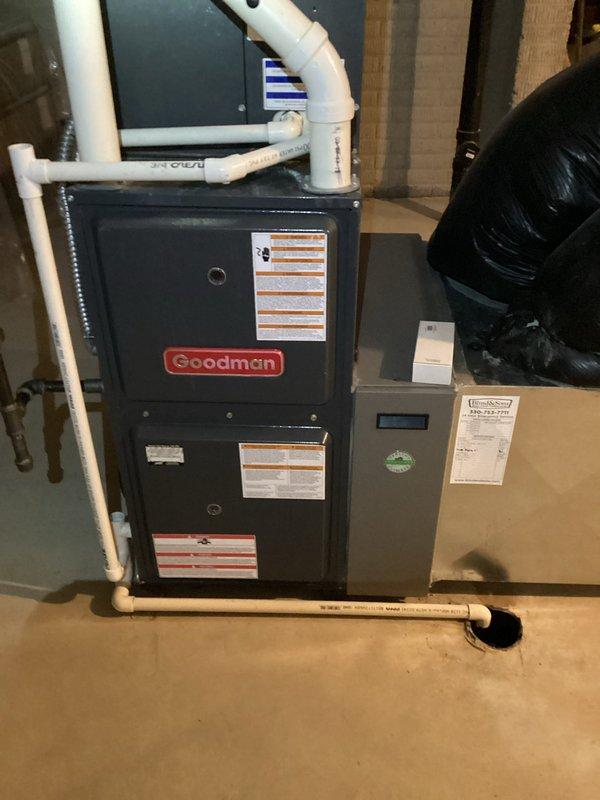 Completed annual preventative maintenance on seven-year-old Goodman furnace and air conditioning system. Performed comprehensive inspection of indoor furnace unit including burner assembly, heat exchanger, blower motor, and gas connections; verified proper operation of all safety controls and checked PVC venting system for secure connections. Inspected outdoor condensing unit, cleaned condenser coils, checked refrigerant levels, tested compressor operation, and verified electrical connections. Both units operating within manufacturer specifications with no deficiencies noted.
