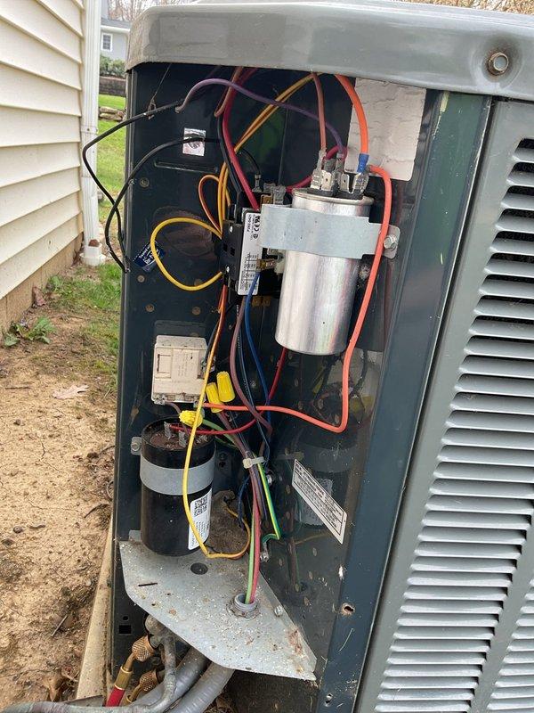 Completed MVP maintenance on 14-year-old outdoor air conditioning unit. Inspected and tested electrical components including capacitor, contactor, and associated wiring connections. Replaced dual-pole fuses as part of preventative maintenance protocol. Verified proper operation of compressor and condenser fan motor, checked refrigerant line connections, and confirmed all electrical connections were secure and functioning within normal parameters.