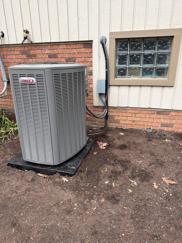 Completed full HVAC system installation including two Lennox air conditioning units mounted on rubber pads with proper electrical disconnects and conduit routing, along with furnace installation at 90% efficiency. Installed condensate pump system with PVC drainage piping to handle water removal from the heating and cooling equipment.
