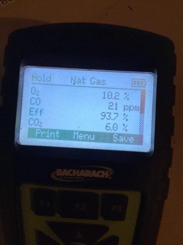 Performed seasonal maintenance on a gas furnace over 10 years old with customer concerns about air filters becoming excessively dirty within days of replacement. Conducted combustion analysis using digital gas analyzer, which revealed acceptable operational parameters: 10.2% oxygen, 21 ppm carbon monoxide, 93.7% efficiency, and 6.0% carbon dioxide levels. Inspected multiple air filters showing heavy dirt accumulation and discussed proper filtration maintenance and system performance with customer.
