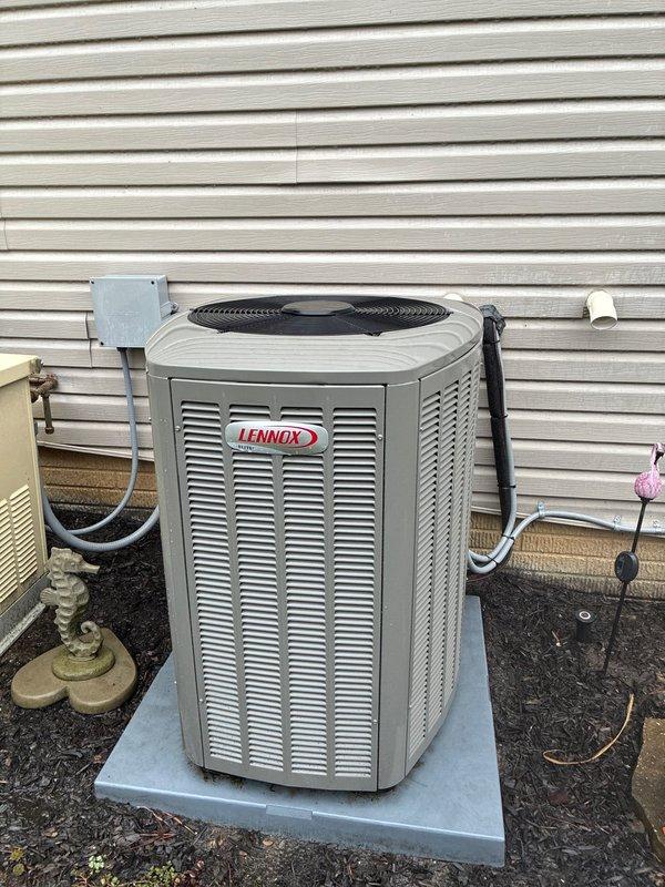 Completed MVP cooling maintenance visit on Lennox outdoor condensing unit and indoor air handler system. Performed comprehensive inspection of all system components including condenser coil, refrigerant lines, electrical connections, condensate drainage system, and air handler assembly. Verified proper operation of condensing unit fan motor, compressor function, and electrical safety controls. All equipment operating within normal parameters with no deficiencies noted at time of service.