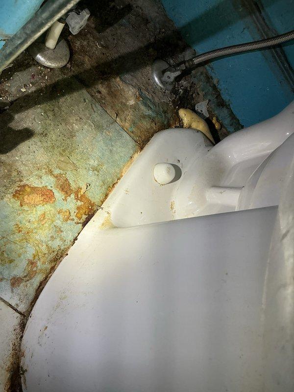 Responded to service call for strong odor emanating from toilet. Upon inspection, discovered extensive deterioration in toilet tank interior with significant rust accumulation on metal components and heavy mineral deposit buildup throughout. Water supply line and internal tank mechanisms showed signs of age-related wear. Examined toilet base and surrounding floor area, noting degraded wax ring seal evidenced by discolored expanding foam material and moisture damage to flooring. Documented rust staining on floor surfaces and compromised seal integrity at toilet-to-floor connection point, which was identified as primary source of odor complaint. Assessed overall fixture condition revealing advanced deterioration requiring attention to internal tank components and base seal replacement to resolve sanitation concerns and eliminate odor issue.