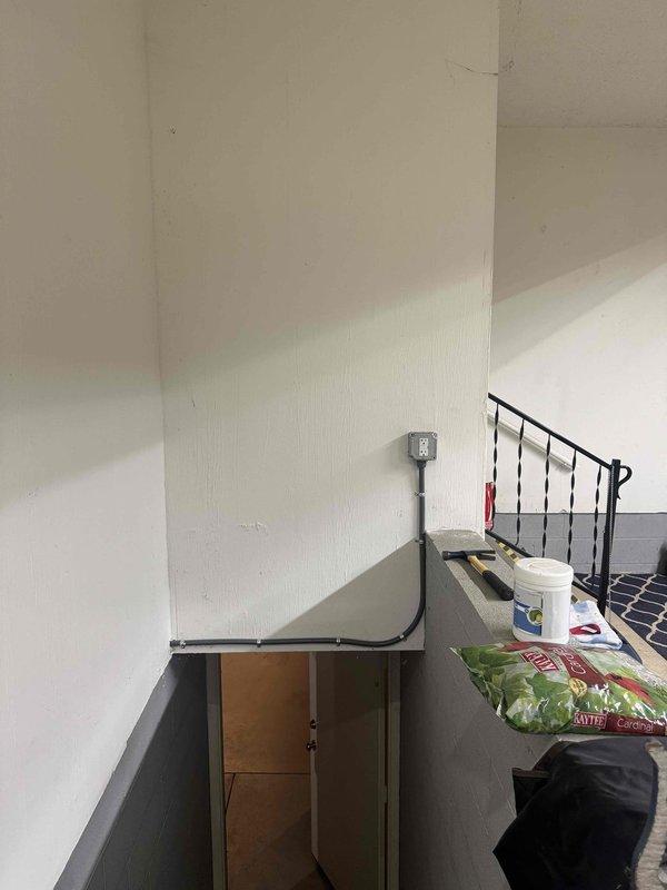 Installed GFCI outlet for VPL equipment in stairwell landing area near electrical panel per specified placement requirements. Coordinated arrival time with customer and completed installation within scheduled timeframe. All work performed to code with proper grounding and protection in place.