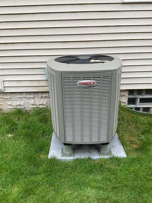 Completed scheduled BS-MVP cooling maintenance visit on residential Lennox air conditioning system. Performed comprehensive inspection of outdoor condensing unit, verified proper operation of condenser fan motor and electrical components including Edison brand fuses, confirmed unit is mounted securely on concrete pad with adequate clearance, and documented system condition through photographic records. All components found to be in good working order with no immediate service needs identified.