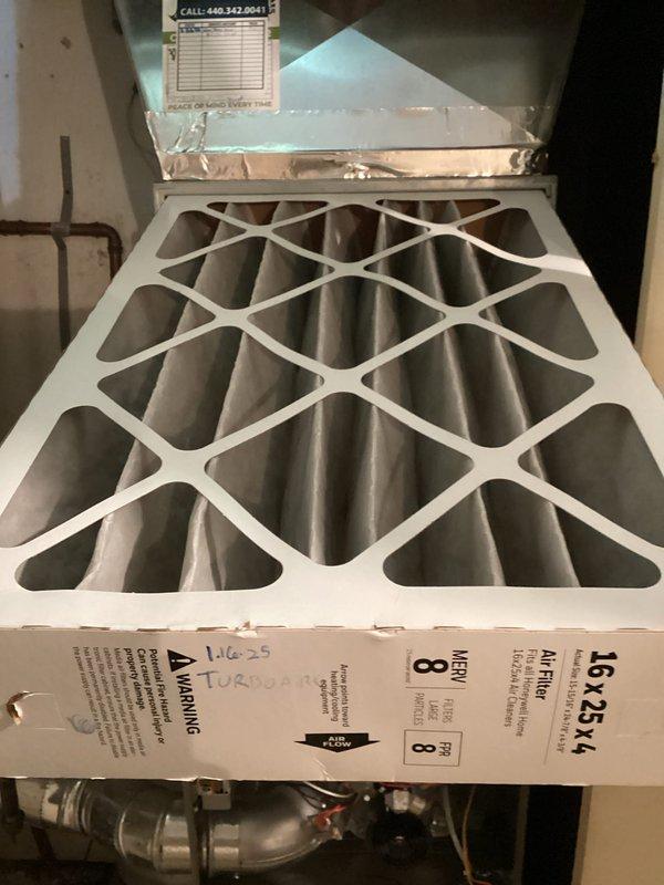 Completed MVP cooling maintenance visit on two residential AC units. Performed comprehensive system inspection of heating and cooling equipment, including examination of furnace components, gas lines, control mechanisms, and associated ductwork. Inspected copper refrigerant lines, valves, and fittings throughout the system. Replaced 16x25x4 pleated air filter to ensure proper airflow and system efficiency. Verified all mechanical components, expansion tank, and pressure vessel connections for proper operation. Both AC units inspected and found operating within normal parameters.