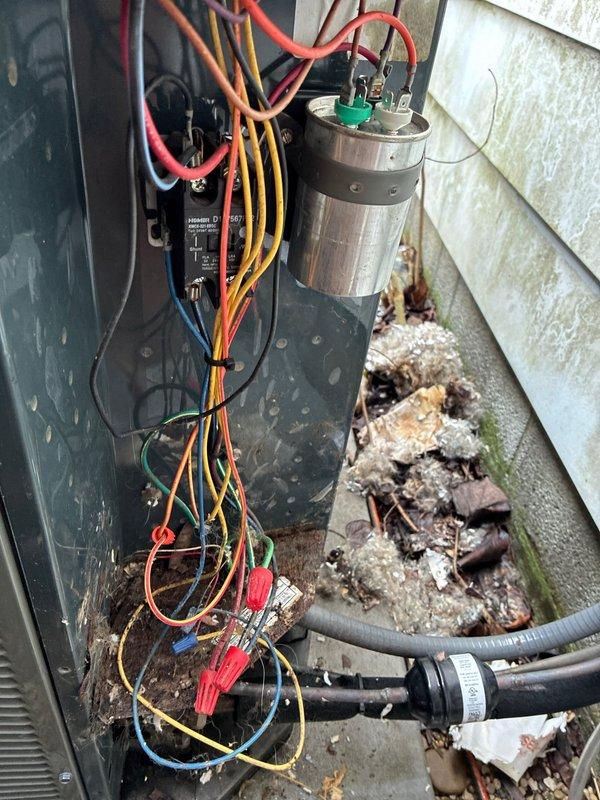 Completed MVP cooling maintenance visit on Trane outdoor condenser unit. Performed standard system inspection including electrical connections, capacitor check, and visual assessment of unit operation. Observed debris accumulation around equipment base and electrical disconnect panel requiring attention. Unit operational at time of service with all electrical components accessible and functional. Documented equipment condition and surrounding area through service photos for maintenance records.