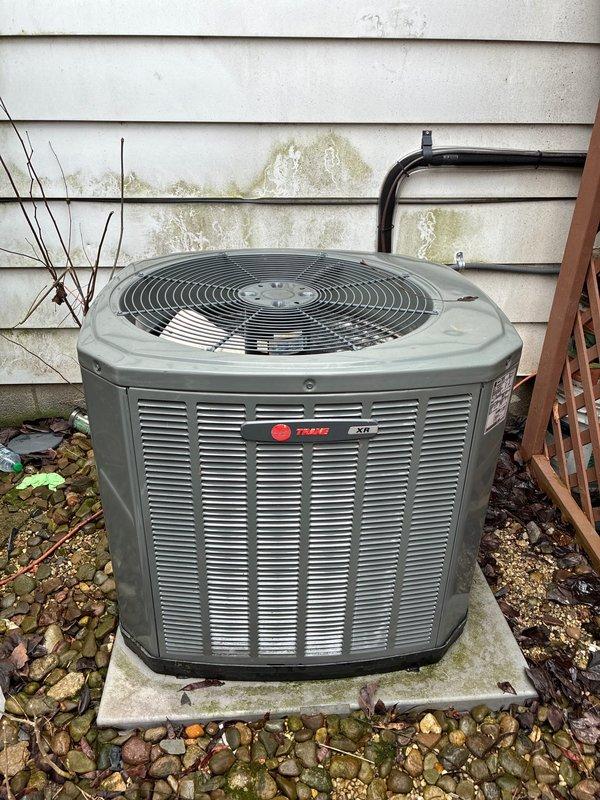 Completed MVP cooling maintenance visit on Trane outdoor condenser unit. Performed standard system inspection including electrical connections, capacitor check, and visual assessment of unit operation. Observed debris accumulation around equipment base and electrical disconnect panel requiring attention. Unit operational at time of service with all electrical components accessible and functional. Documented equipment condition and surrounding area through service photos for maintenance records.