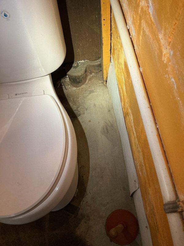 Responded to drainage backup issue affecting washing machine discharge and shower drain. Upon inspection, found shower drain with significant buildup and staining indicating chronic drainage problems and potential shared drain line obstruction between laundry and bathroom fixtures. Assessed plumbing configuration and documented existing conditions showing deteriorated floor surfaces and drainage components requiring attention.