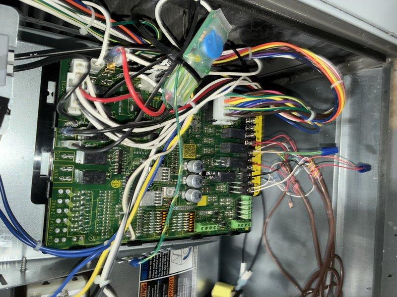 Completed routine MVP heating maintenance visit on HVAC system. Performed comprehensive inspection of heating equipment and control systems, verifying proper operation of all components. Documented control board assembly and wiring connections with detailed photographs showing circuit board condition, capacitor ratings, integrated circuits, and wire harness configurations all in satisfactory working order. Filter change was not required during this scheduled maintenance visit per service protocol.