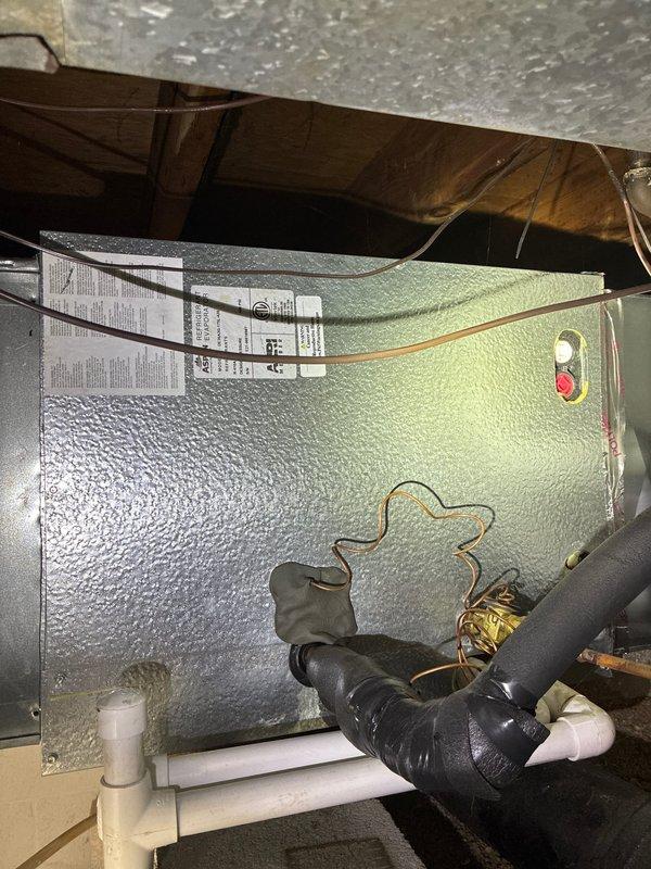 Completed MVP cooling maintenance visit on 5-year-old system. Inspected air handler unit in attic installation, verified proper operation of control panel indicator lights, and examined electrical contactor assembly with all wire connections secure. Checked refrigerant line insulation and condensate drain line for proper function, confirming system operating within normal parameters.