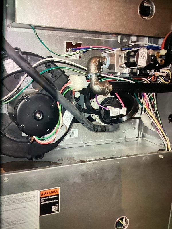 Completed MVP recurring maintenance visit on 2-year-old gas furnace. Performed comprehensive system diagnostics including temperature differential measurements across heat exchanger, recording 159.1°F outlet temperature using calibrated digital thermometer. Inspected all electrical connections, terminal blocks, and wiring harnesses for proper termination and signs of overheating. Verified blower motor assembly operation and electrical connections. Examined gas valve assembly and associated control wiring. Inspected flue pipe connections and combustion air pathways. Checked condensate drainage system and all flexible tubing connections. All components found operating within normal parameters. System operating safely and efficiently with no deficiencies noted.