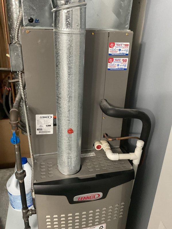 Completed scheduled AC tune-up on Lennox HVAC system. Performed comprehensive inspection of furnace unit, ductwork connections, condensate drainage system with PVC piping, and all associated components. All equipment found operating within normal parameters with no issues identified during service visit.