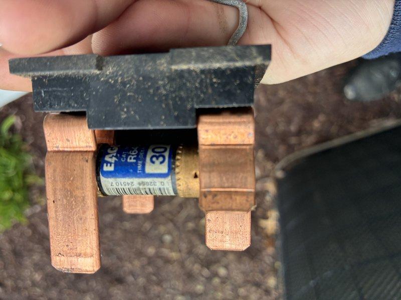 Completed MVP recurring cooling maintenance visit. Identified and replaced failed 30-amp fuse in outdoor disconnect due to electrical failure. Addressed severely corroded outdoor electrical disconnect box showing extensive rust damage from weather exposure. System restored to operational status and tested for proper function.