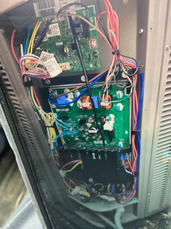 Completed scheduled MVP preventive maintenance cooling visit on HVAC system. Performed comprehensive inspection of electrical components including fuse assembly and control boards, verified proper connections of multi-stage control circuit boards with color-coded wiring harnesses, and documented system conditions through photographic records. All electrical components, terminal connections, and control board functions were inspected and found operating within normal parameters.