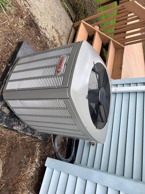 Completed installation of 90% AFUE furnace and air conditioning system. Installed new outdoor condensing unit on concrete pad with proper clearances, ran refrigerant lines and electrical connections through exterior wall. Replaced indoor air handler and evaporator coil assembly, installed new electrical disconnect with fuses, and connected condensate drainage line. System was pressure tested, evacuated, charged to manufacturer specifications, and tested for proper operation. All components functioning within normal parameters upon completion.