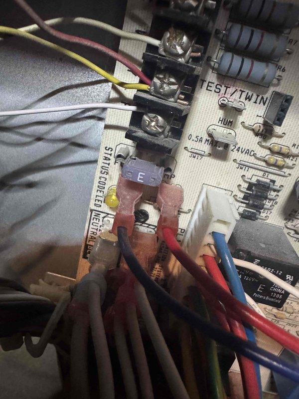 Responded to no heat call on aging furnace system. Upon inspection, found blown fuse on main control board preventing unit from operating. Replaced defective fuse, tested all electrical connections at terminal blocks, and verified proper system startup and heating cycle operation.