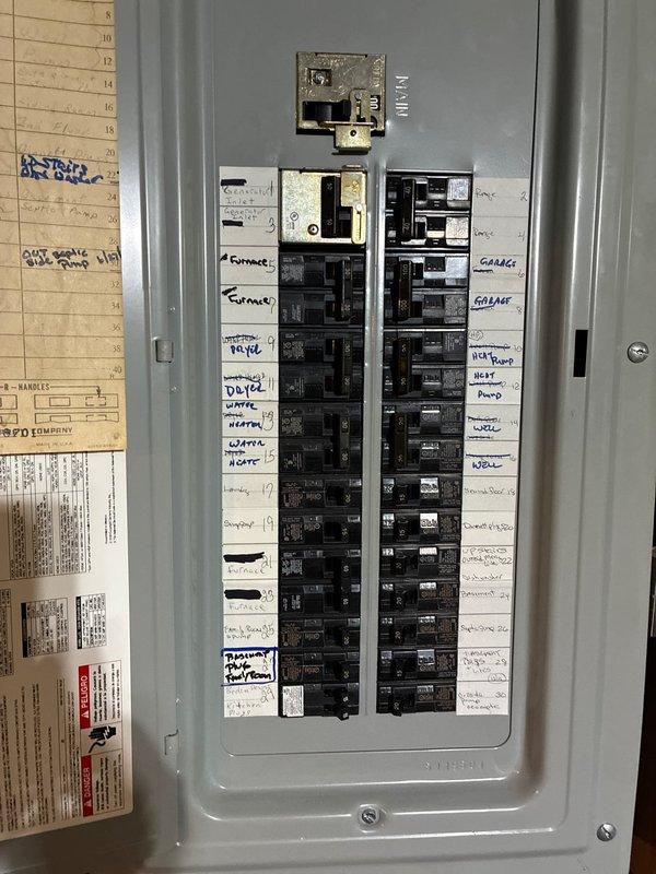 Installed a 50-amp generator inlet to the right of exterior water spigot to accommodate a 13,000 peak watt/10,000 running watt generator. Cut and installed an 8x8 access panel above the inlet location to facilitate wire routing to the main electrical panel. Ran 6-3 Romex from the inlet to the panel, relocated the furnace breaker to accommodate the new generator breaker, replaced the furnace breaker with properly sized unit, and installed a new surge protector in the panel.