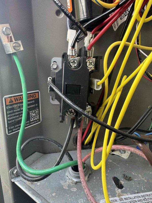 Completed comprehensive AC tune-up including inspection of control board components, DIP switch configurations, and outdoor discharge/air sensor connections. Verified proper electrical connections at contactor assembly, inspected all power and control wiring terminals, and confirmed grounding integrity throughout the system.