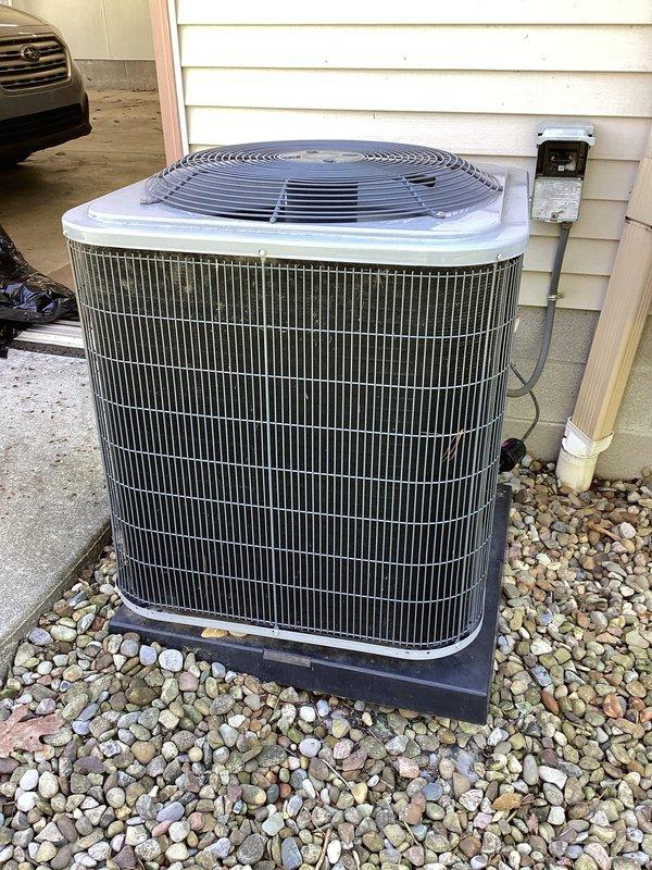Completed MVP air conditioning maintenance service on outdoor condensing unit. System was inspected, cleaned, and tested for proper operation. Unit is in good working condition with no visible damage or deterioration noted. Condenser coils, electrical connections, and refrigerant levels were checked as part of routine preventive maintenance protocol.