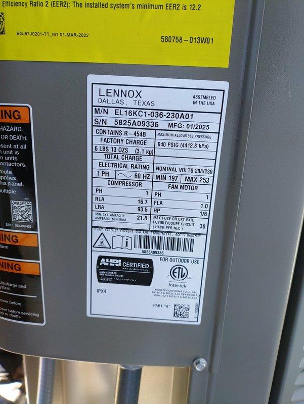 Completed installation of a new Lennox 3-ton air conditioning system with model EL16KCT-036-230A01 utilizing R-454B refrigerant and achieving a minimum EER2 efficiency rating of 12.2. The outdoor condensing unit was installed and properly connected to the existing indoor air handler located in the basement utility area. All electrical connections were completed per manufacturer specifications with 200/230V single-phase power supply, verified proper voltage parameters, and confirmed compressor RLA of 16.7 and LRA of 93.5. Refrigerant lines were connected, pressure tested to 640 PSIG, evacuated, and charged to factory specifications. Condensate drain lines were routed using white PVC piping with proper trap installation to ensure adequate drainage. System was started up, operational testing performed to verify proper compressor and fan motor operation, and all safety controls were confirmed functional.