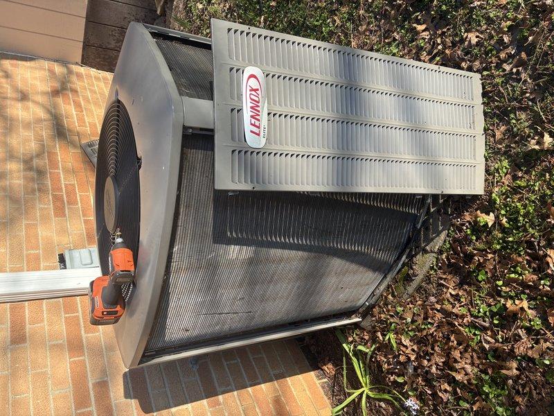 Completed preventive maintenance tune-up on 9-year-old Lennox air conditioning system with outdoor condenser unit. Performed standard inspection procedures, accessed internal components, and verified proper operation of all equipment to ensure optimal system performance for the cooling season.