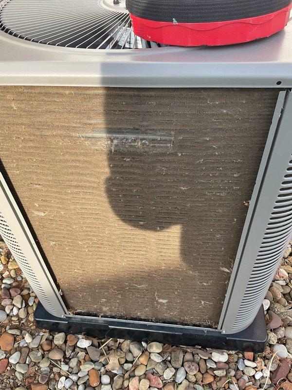 Completed MVP recurring cooling maintenance visit on Lennox outdoor condensing unit. Upon arrival, found condenser coil heavily contaminated with dirt, dust, and debris accumulation affecting approximately half of the coil surface. Performed thorough coil cleaning to restore proper airflow and heat transfer efficiency. Unit now operating within normal parameters with improved coil condition and adequate drainage on gravel pad.