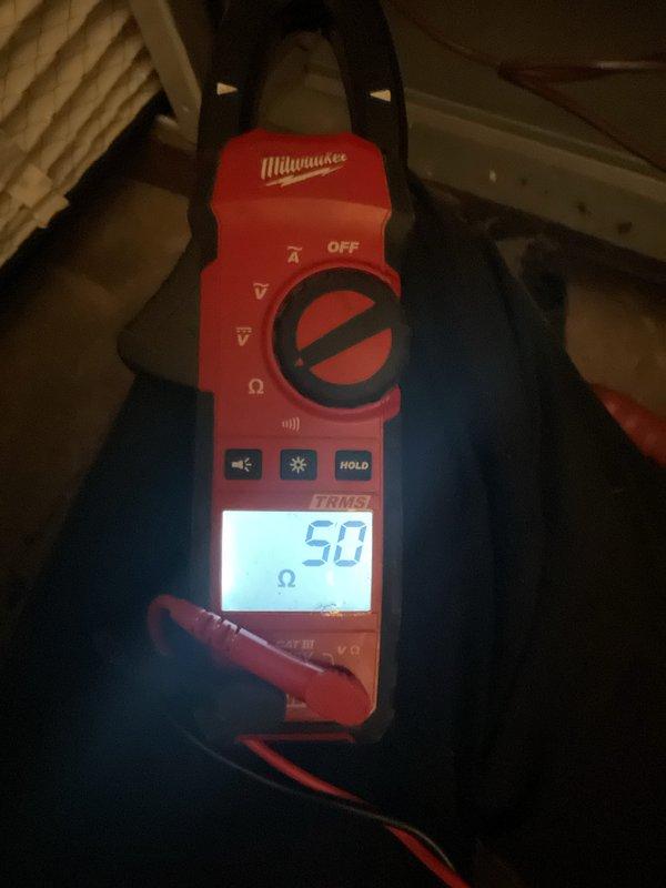 Completed routine MVP heating system maintenance visit. Performed diagnostic testing using digital clamp meter, recording amperage draw of 299 amps and resistance measurement of 50 ohms to verify proper electrical operation of HVAC components. All system parameters found within normal operating specifications.