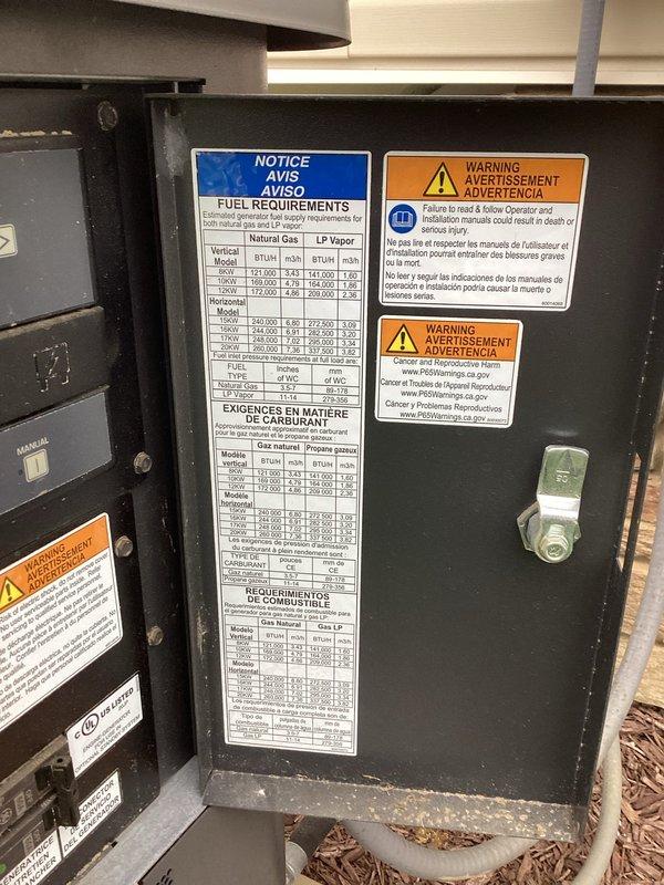 Completed comprehensive generator maintenance including oil change and tune-up on residential standby unit. Performed routine preventive maintenance procedures, inspected fuel requirements specifications and safety labels, verified proper operation of all components, and documented equipment condition with photographs.