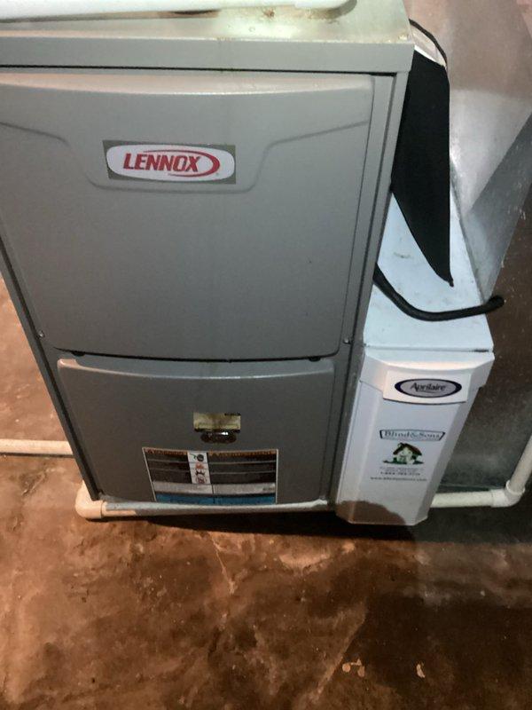Performed routine maintenance on a 3-year-old Lennox furnace system. Completed comprehensive inspection of all mechanical and electrical components, verified proper operation of blower motor assembly, checked all wire connections and safety controls, and inspected PVC condensate drain system for proper function. Unit found to be in good operating condition with normal wear for age.