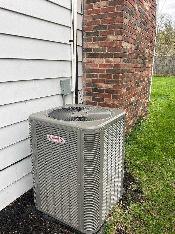 Completed MVP cooling maintenance visit on residential Lennox air conditioning system. Performed standard inspection of outdoor condenser unit, verified proper installation of refrigerant lines and electrical connections, and documented equipment condition with no visible deficiencies noted. Unit operating normally with all components functioning as designed.
