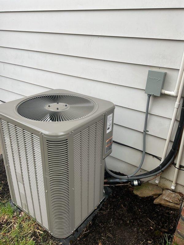 Completed MVP cooling maintenance visit on residential Lennox air conditioning system. Performed standard inspection of outdoor condenser unit, verified proper installation of refrigerant lines and electrical connections, and documented equipment condition with no visible deficiencies noted. Unit operating normally with all components functioning as designed.