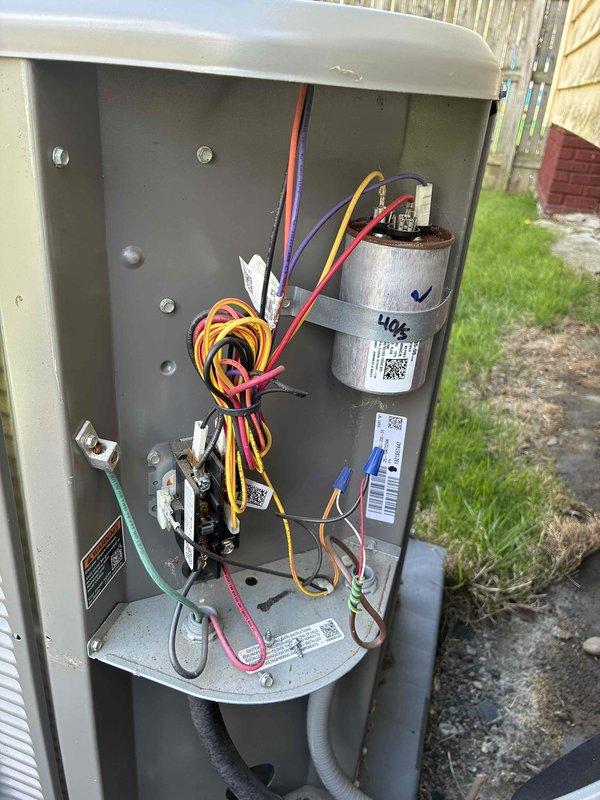 Completed MVP cooling maintenance visit on Lennox outdoor condensing unit. Performed standard system inspection, photographed electrical components including capacitor and wiring connections, and documented unit condition. All components operating within normal parameters at time of service.