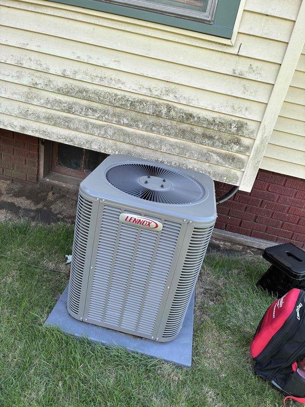 Completed MVP cooling maintenance visit on Lennox outdoor condensing unit. Performed standard system inspection, photographed electrical components including capacitor and wiring connections, and documented unit condition. All components operating within normal parameters at time of service.