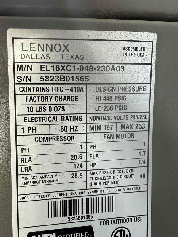 Completed MVP cooling maintenance visit on Lennox EL16XC1-048-230A03 outdoor condensing unit containing R-410A refrigerant. Performed comprehensive system inspection including visual examination of electrical components, control board, blower motor assembly, and all wire connections. All components found operating within manufacturer specifications with no deficiencies noted during this routine preventive maintenance service.