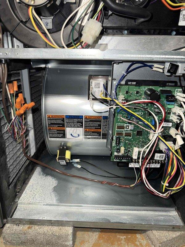 Completed MVP cooling maintenance visit on Lennox EL16XC1-048-230A03 outdoor condensing unit containing R-410A refrigerant. Performed comprehensive system inspection including visual examination of electrical components, control board, blower motor assembly, and all wire connections. All components found operating within manufacturer specifications with no deficiencies noted during this routine preventive maintenance service.