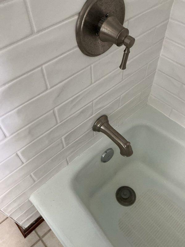 Inspected and assessed loose shower faucet valve assembly in bathroom, documenting existing bronze-finish fixtures and tile surround condition. Evaluated outdoor spigot location for potential replacement installation, noting existing utility infrastructure and ground conditions. Inspected water softener system and big blue filter housing to assess maintenance requirements and provide replacement recommendations.