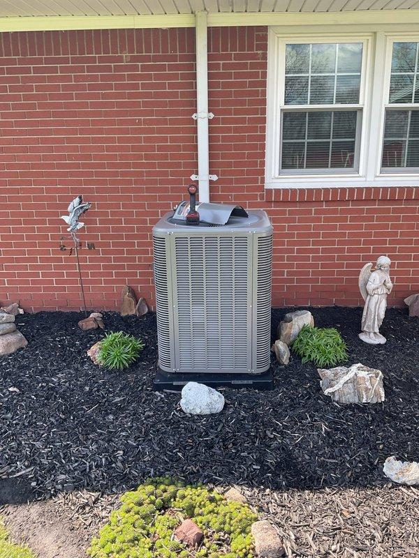 Completed comprehensive MVP air conditioning maintenance service on outdoor condensing unit. Performed standard cooling season preventive maintenance procedures including system inspection and air filter replacement. Replaced dirty pleated air filter with clean filter to ensure proper airflow and system efficiency.